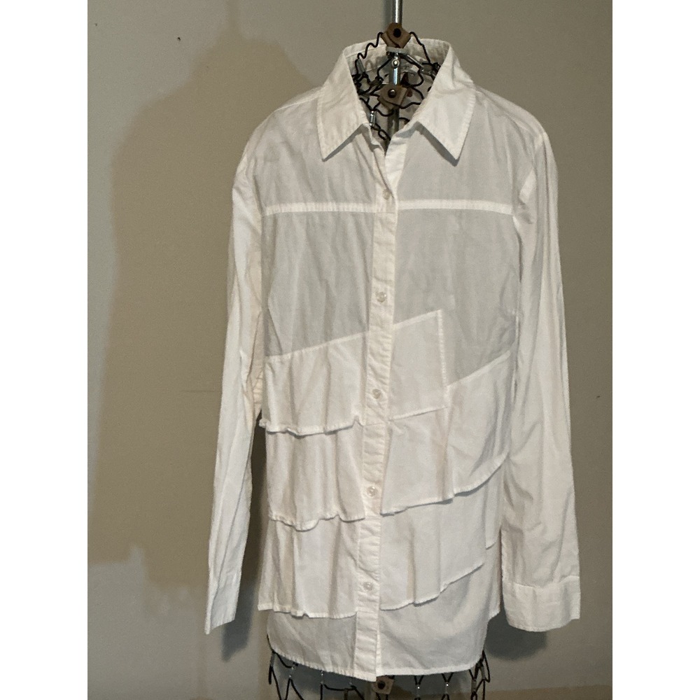 Ann Taylor LOFT Womens White Ruffle Tiered Button Down Shirt Long Sleeve Size M